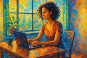 Persona trabajando desde casa en una laptop, iluminada por luz natural, en estilo pintura al óleo digital con colores vibrantes.