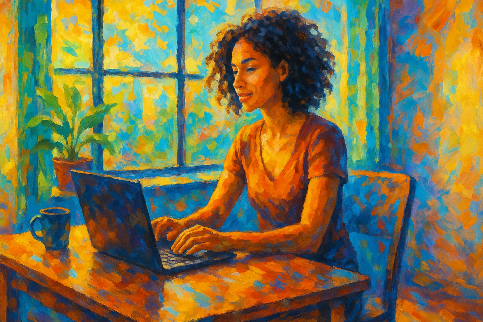 Persona trabajando desde casa en una laptop, iluminada por luz natural, en estilo pintura al óleo digital con colores vibrantes.