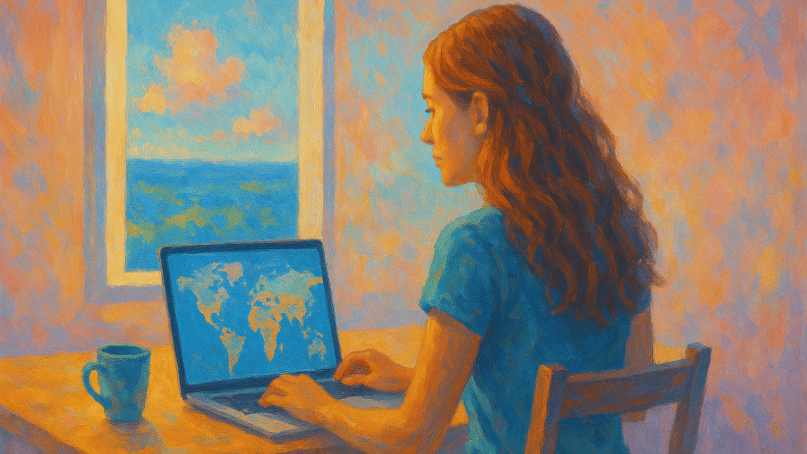 Chica trabajando en un espacio luminoso y minimalista, usando una laptop frente a una ventana con paisaje colorido, en estilo pintura al óleo digital con colores vibrantes.