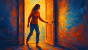 Mujer dando un primer paso fuera de una puerta luminosa, saliendo de un espacio oscuro hacia la luz, en estilo pintura al óleo con colores vibrantes.