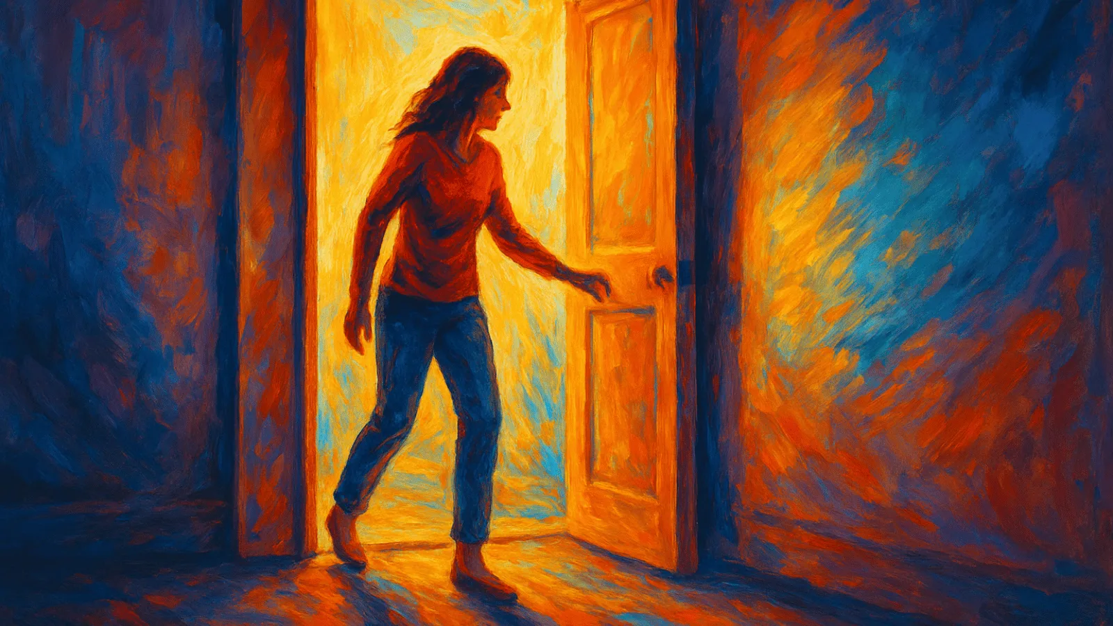 Mujer dando un primer paso fuera de una puerta luminosa, saliendo de un espacio oscuro hacia la luz, en estilo pintura al óleo con colores vibrantes.