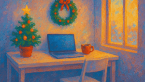 Escritorio minimalista con una pequeña decoración navideña, una taza de café humeante y luz cálida entrando por la ventana, en estilo pintura al óleo digital.