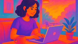 Persona trabajando en una cafetería con su laptop, en un ambiente cálido y relajado, estilo ilustración digital vibrante.