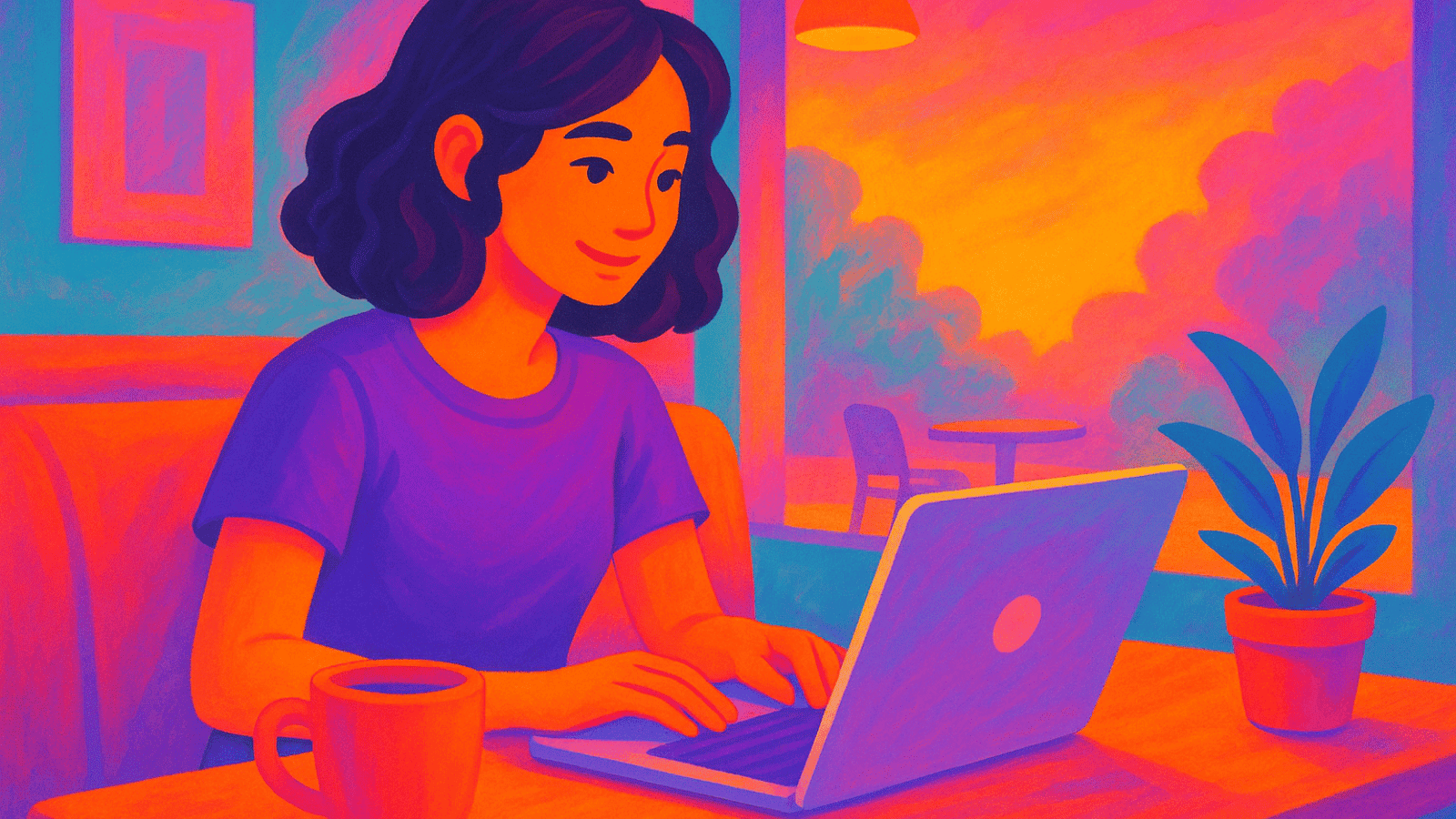 Persona trabajando en una cafetería con su laptop, en un ambiente cálido y relajado, estilo ilustración digital vibrante.