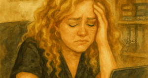 Mujer triste frente a su laptop, con la mano en la frente