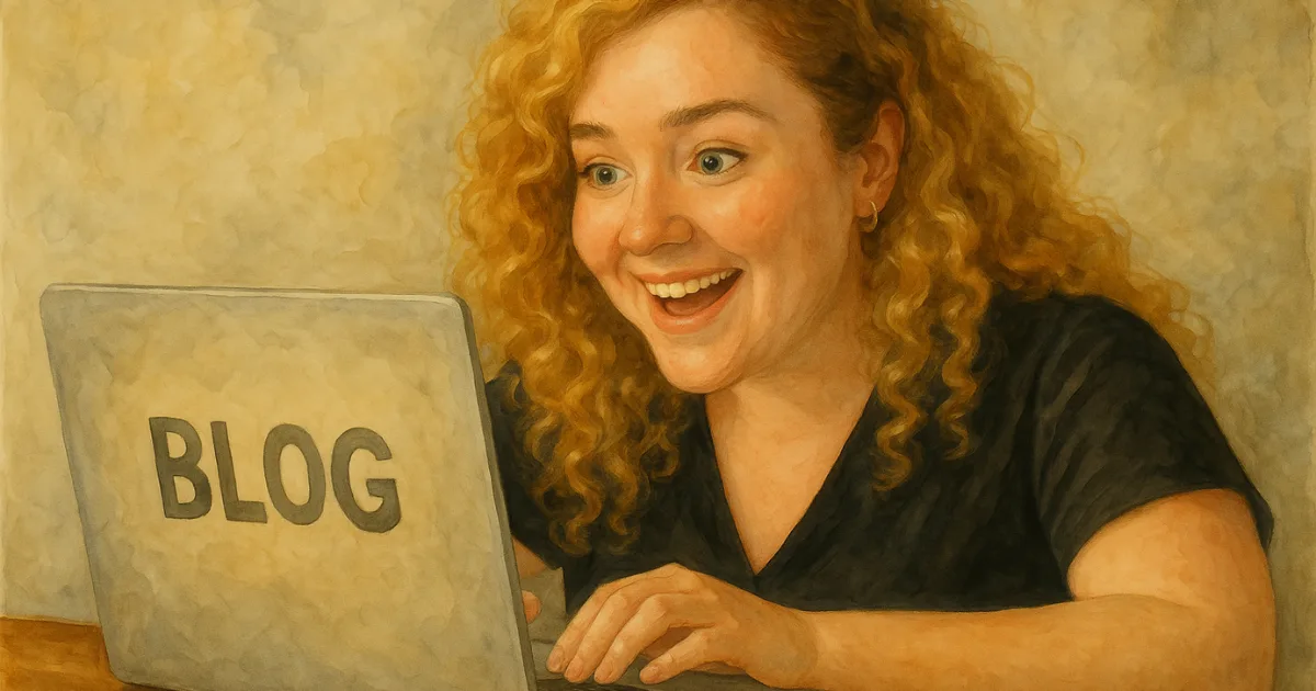 Mujer emocionada escribiendo en su blog desde su laptop
