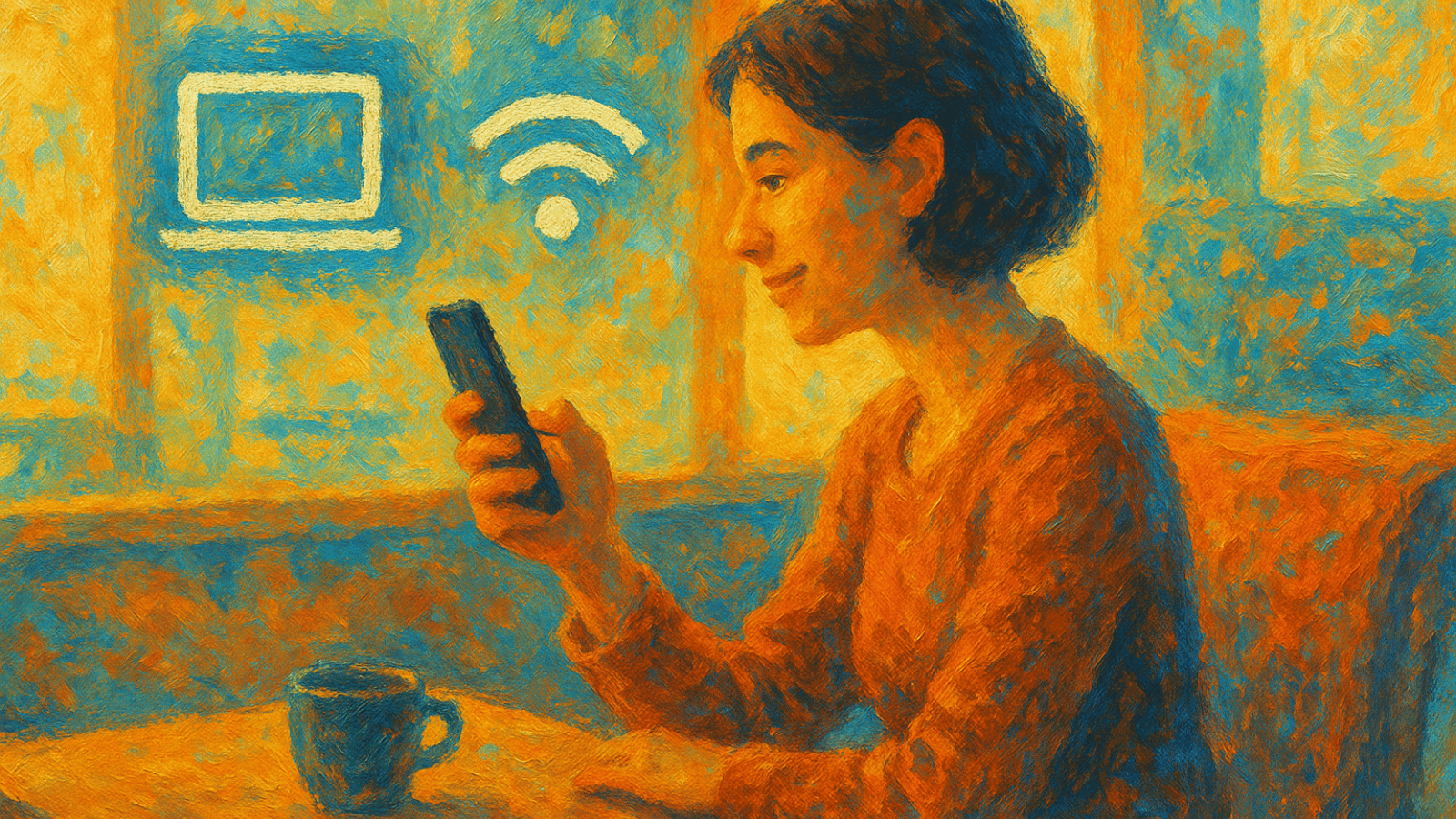 Persona joven usando un celular en un café con WiFi, observando motivada la pantalla, con iconos minimalistas de laptop y señal de internet alrededor, en estilo pintura digital al óleo.