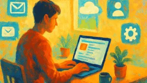 Persona trabajando en una laptop en un espacio luminoso, rodeada de iconos minimalistas de herramientas digitales, en estilo pintura al óleo digital con colores vibrantes.