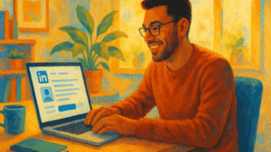 Persona trabajando desde casa y sonriendo mientras actualiza su perfil de LinkedIn en su laptop, en un entorno cálido y moderno, ilustrado con estilo digital tipo óleo.