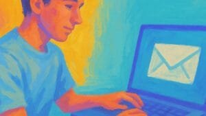 Ilustración de un joven utilizando su laptop con un ícono de correo visible en pantalla, representando el uso profesional del email.