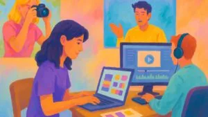 Ilustración colorida de una persona creando desde casa, representando cómo un hobby puede convertirse en ingreso digital.