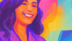 Ilustración de una mujer sonriendo frente a su laptop, en un entorno colorido, representando satisfacción, confianza y disfrute en el trabajo online.