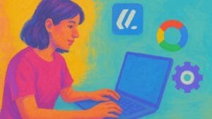 Ilustración de una mujer usando una laptop, rodeada de íconos que representan herramientas digitales como Google Chrome, programación y ajustes técnicos.