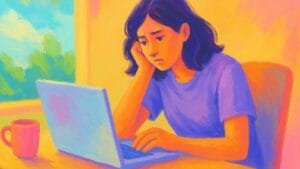 Ilustración de una mujer frustrada frente a su laptop, con expresión triste, en un entorno hogareño iluminado por la ventana.