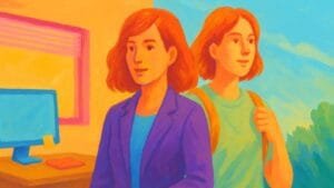 Ilustración de una mujer con ropa formal frente a un escritorio, mientras su versión con mochila se aleja hacia el exterior, representando un cambio de rumbo profesional.